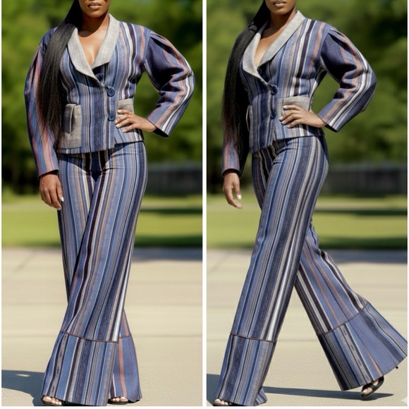 HANH MERRIMAN Pants - HANH MERRIMAN 2-PIECE JACKET AND WIDE LEG PANTS STRIPPED SUIT  SIZE 4